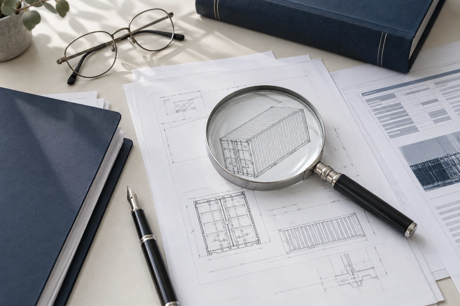 Teknik çizimlerin ve raporların büyüteçle incelendiği hukuki çalışma dosyası